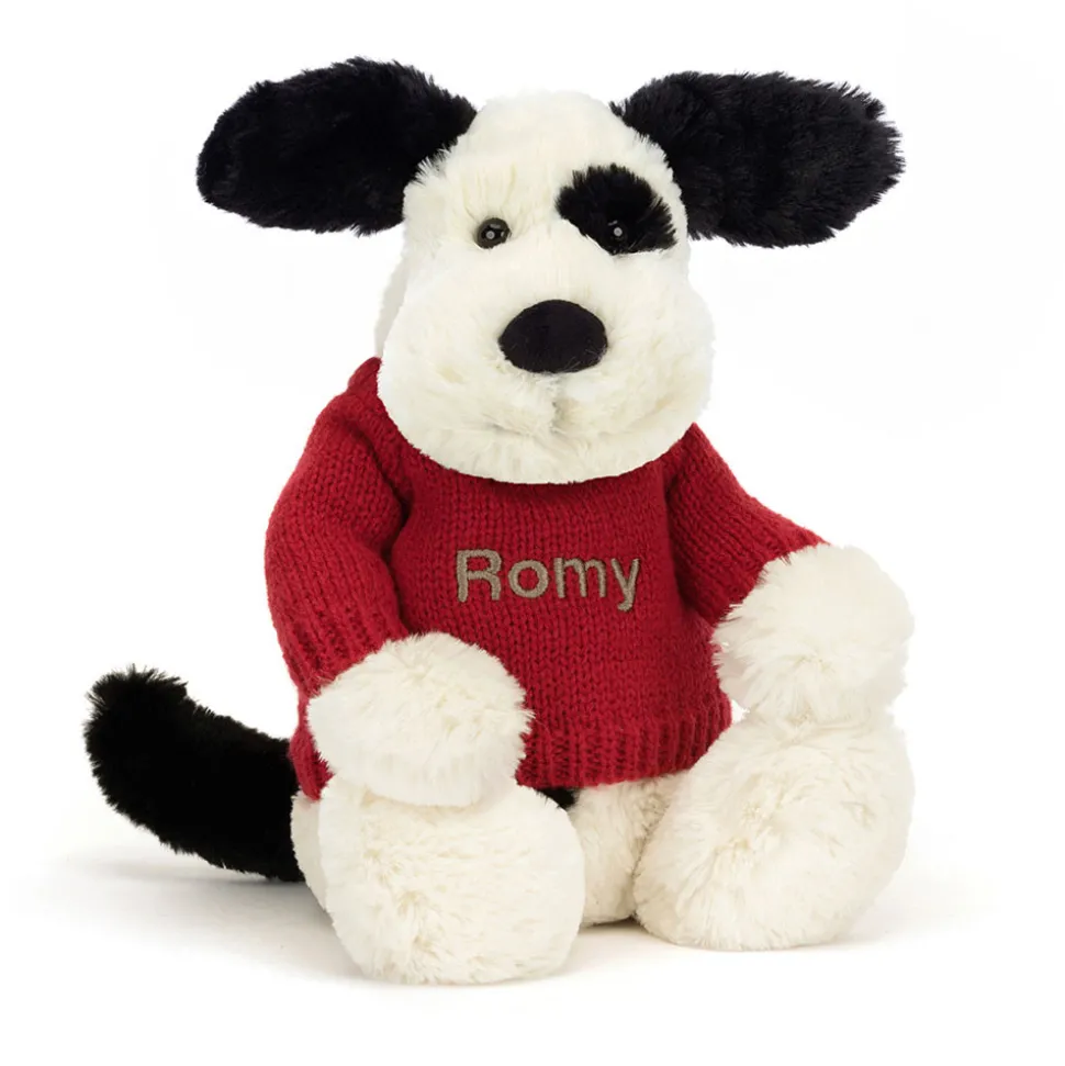 Bashful Black & Cream Puppy with Personalised Red Jumper