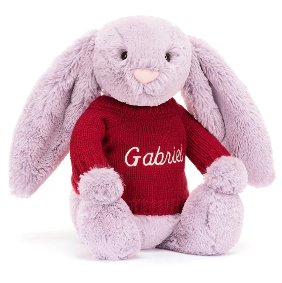 Bashful Lilac Bunny with Personalised Red Jumper