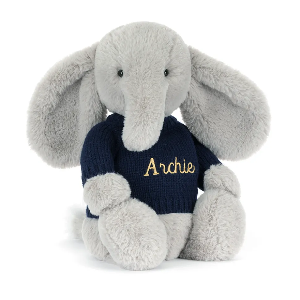 Bashful Luxe Elephant Thuddeus with Personalised Navy Jumper